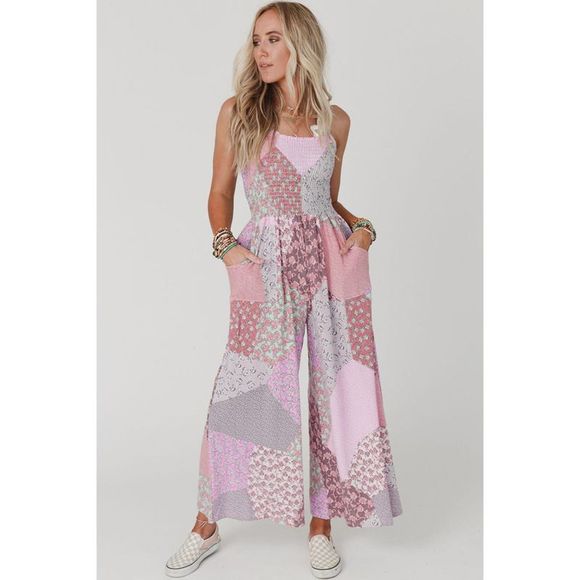 Azura Exchange  Pink Irregular Patchwork Print Smocked Wide Leg Jumpsuit - Picture 3 of 7